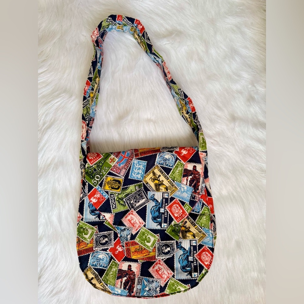 Vintage Postage Stamp Print Shoulder Bag Multicolor Travel-Inspired Handmade - Picture 2 of 11